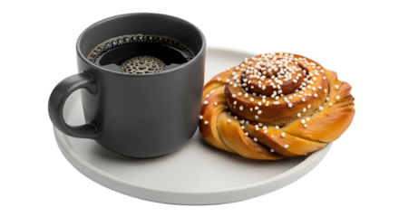 A dark grey mug filled with hot black coffee next to a cinnamon roll with pearl sugar, isolated on transparent background
