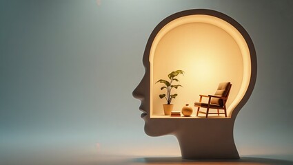 Surreal Mind Sanctuary: Cozy Room within Transparent Human Head Silhouette

