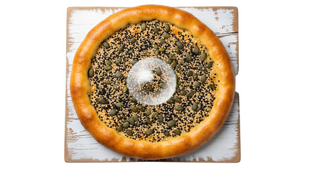 Round savory pie with pumpkin seeds and sesame seeds, isolated on transparent background