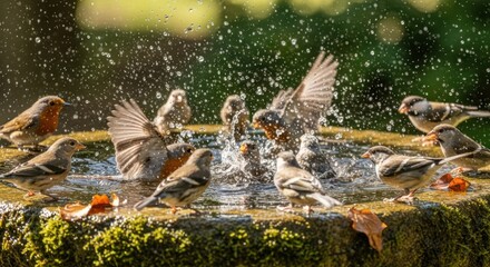 Birds bathe and splash in a stone bird bath, refreshing sunny scene