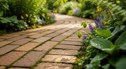 Brick garden path winding through lush greenery and colorful flowers