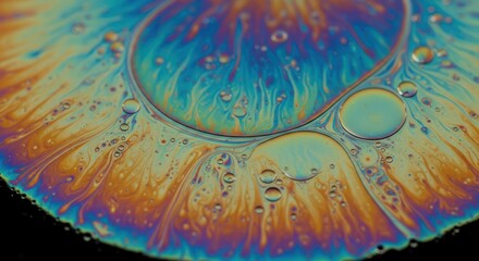 Iridescent liquid texture with bubbles and colorful abstract patterns