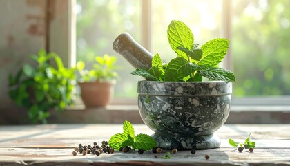 Sunlit mint leaves in a marble mortar and pestle, peppercorns scattered nearby on a rustic wooden surface