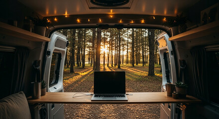 Embrace the freedom of the open road with ultimate work from anywhere setups a scenic forest view from a cozy camper van office