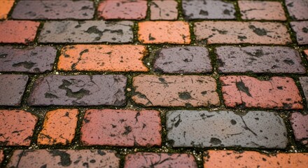 Close-up of an old multi-colored brick pavement with some weeds