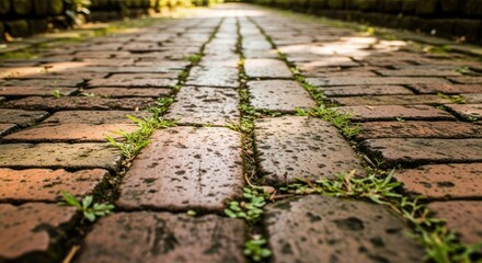 Brick pathway with emerging grass in between the stones.