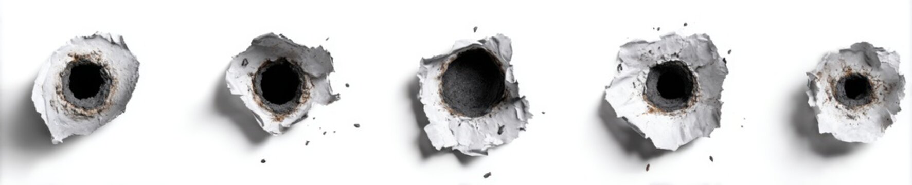 Close-up of five bullet holes in a , showing varying sizes and damage patterns