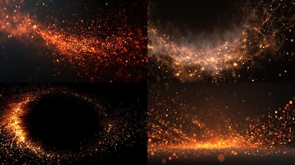 Abstract Particle Flow Glittering Gold Dust Trails & Swirls in Dark, Moody Backgrounds