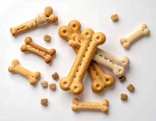 Assorted bone-shaped dog biscuits scattered on a white background