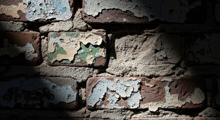 Aged brick wall with peeling paint and mortar in shadows and light.