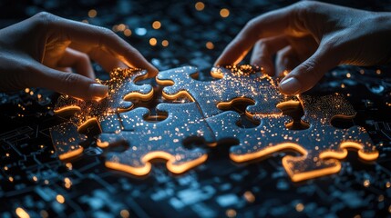 Glowing Puzzle Pieces: Hands Connecting Illuminated Jigsaw, Dark Background.