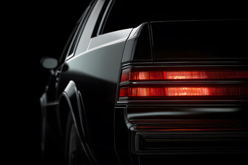 close up of glowing tail lights on black luxury car with sleek bodywork captured against dark background, showcasing modern automotive design and the stylish elegance premium transport photography