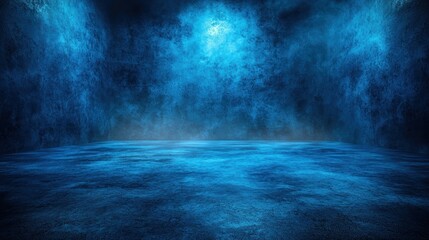 Blue-lit abstract scene of a stage, floor and backdrop with hazy effect