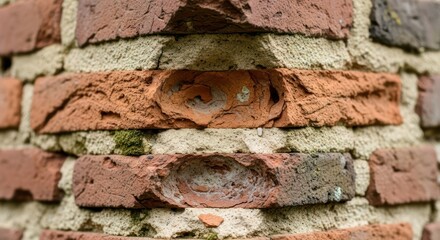 Close-up of a weathered red brick wall showing texture and aged surface