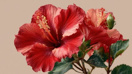 Vibrant Red Hibiscus Flower Bloom with Large Petals and Green Leaves Perfect for Botanical, Nature, and Floral Design Projects