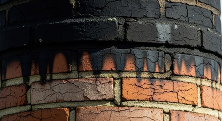 Close up of vintage brick with smoke damage and weathered texture.