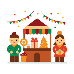 Festive Cartoon Christmas Market with Stalls and Lights Vector Illustration