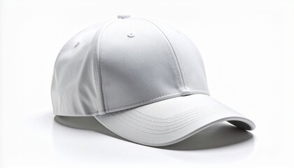 Fototapeta premium Sleek white baseball cap casting a subtle shadow on a clean white background, perfect for showcasing your brand or logo design ideas