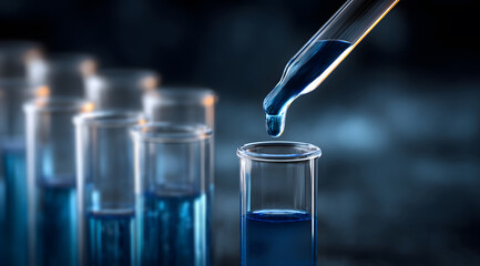 test tubes with blue liquid illuminated against dark background where precision dropper fills one cylinder showcasing laboratory equipment scientific innovation and molecular research process