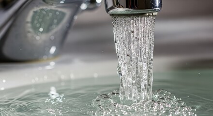 Close-up of water flowing from a chrome faucet into the sink basin