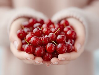 Macro Photo Of Hands Holding Red Berries In Close Up Shot Against Soft Background