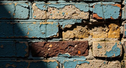 Old brick wall with peeling paint, aged texture and shadow detail.