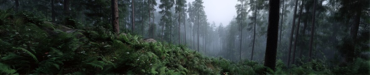 Obraz premium Misty forest landscape hdr panorama tranquil nature scene lush green environment
