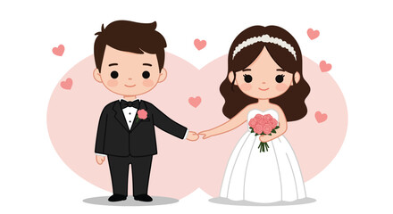 Adorable Cartoon Couple Holding Hands on Wedding Day.