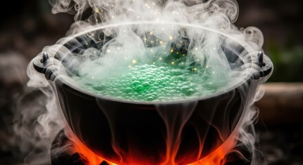 Cauldron with green bubbling liquid and steam and sparks outdoors