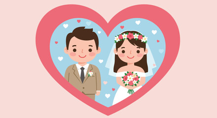 Adorable illustrated wedding couple a bride and groom smiling inside a romantic pink heart.
