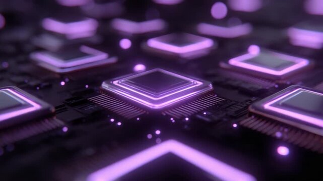 A Close-Up Look at High-Tech Circuitry with Illuminated Microchips: Exploring the Intricacies of Modern Electronics Using a Futuristic Design in a Dark Environment Highlighting Innovation.