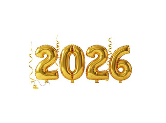 Golden Foil Balloon Numbers 2026 with Curling Ribbons on White Background
