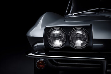 Fototapeta premium closeup of grey classic car headlight photographed under dark background where chrome reflection and vintage design emphasize automotive heritage with elegant detail, timeless retro engineering style
