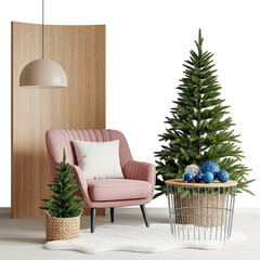 Modern Christmas Interior with Pink Armchair and Decorated Tree on White Background