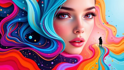 A vibrant digital artwork of a woman with striking blue hair. Her eyes are closed, and she is gazing into the distance, evoking a sense of contemplation