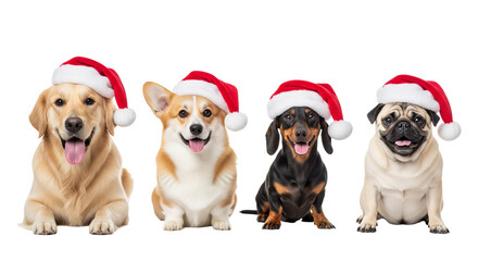Group of Dogs Wearing Santa Hats Sitting Together on White Background