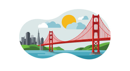 Colorful flat design vector illustration of the Golden Gate Bridge with the San Francisco city skyline and sun.