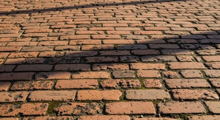 Red brick pavement pattern with moss growing between the bricks