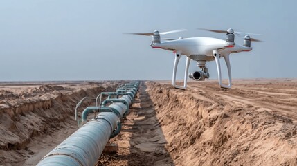 Advanced drone technology surveying vast pipeline infrastructure across arid desert landscape for efficient inspection and monitoring purposes, showcasing industry innovation.