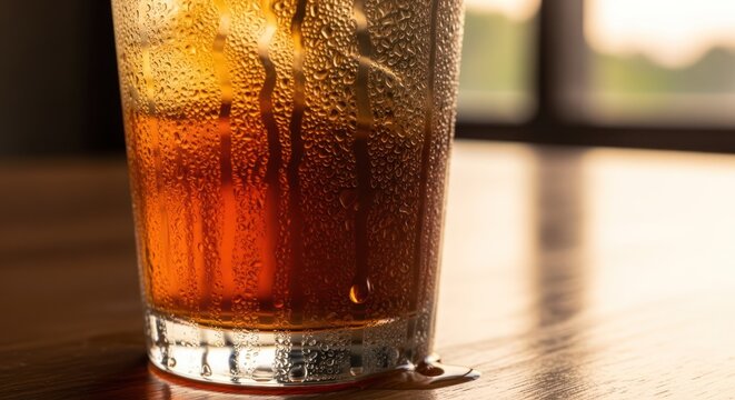 Refreshing drink with ice in glass, condensation detail on a table