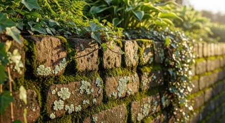 Old brick wall with green moss and plants in the sunlight background