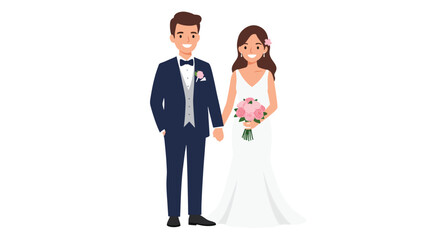 Happy cartoon wedding couple illustration of a smiling bride and groom holding hands.