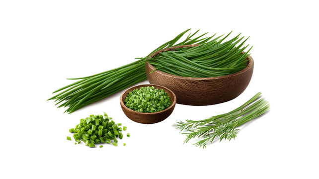 fresh green herbs chives, a collection of isolated herbal food design element, a bunc of whole chive blades, chopped, sprinkled ones, loose, in a heap and a small bowl, healthy nutrition or garden set