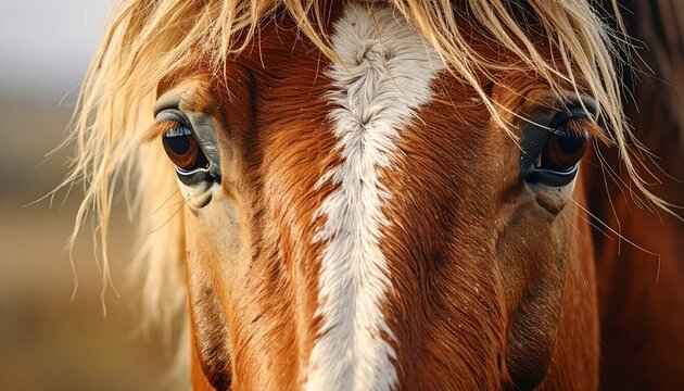 Close-up of a horse's face.  Brown coat, white blaze