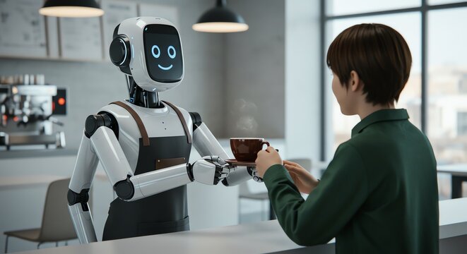 Robot barista serving coffee to customer indoors - Powered by Adobe
