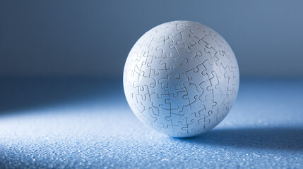 A complete white spherical jigsaw puzzle rests on a textured blue surface symbolizing global connection and the final solution to a complex problem