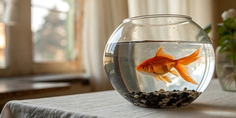 A single vibrant orange goldfish swims gracefully within a clear glass bowl filled with water and small dark pebbles on a patterned tablecloth