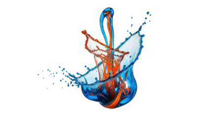 Blue and orange liquid splashing in abstract form isolated on transparent background