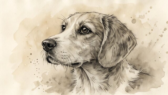 Watercolor painting of a dog with brown and white fur looking left
