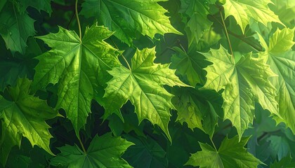 Close Up of Vibrant Green Maple Leaves with Sunlight Casting Shadows in a Forest Setting Background and Detailed Leaf Veins